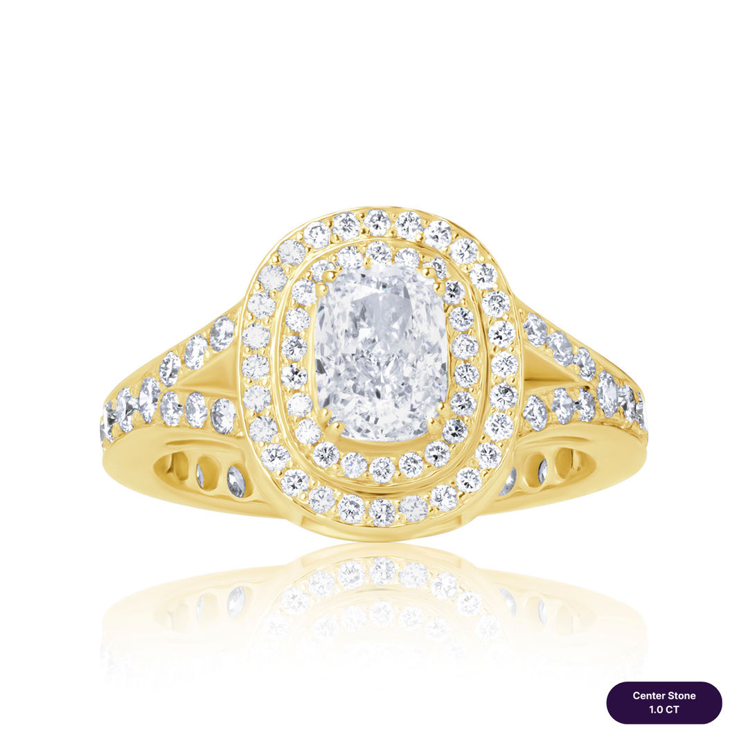 Double Halo Lab Diamond Ring Elongated Cushion with Pave