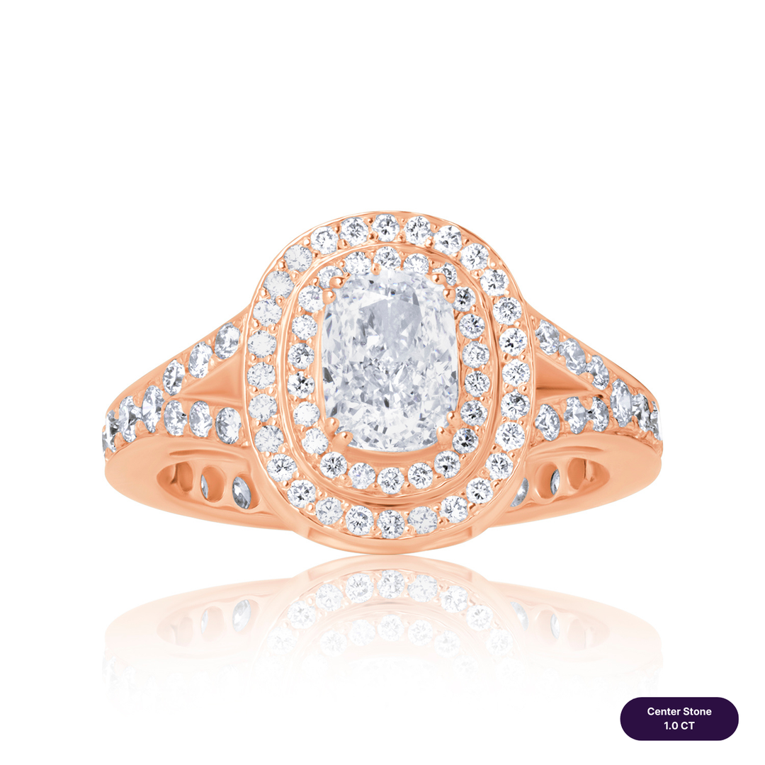 Double Halo Lab Diamond Ring Elongated Cushion with Pave