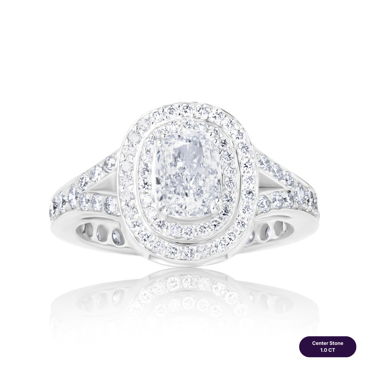 Double halo lab diamond ring elongated cushion with pave
