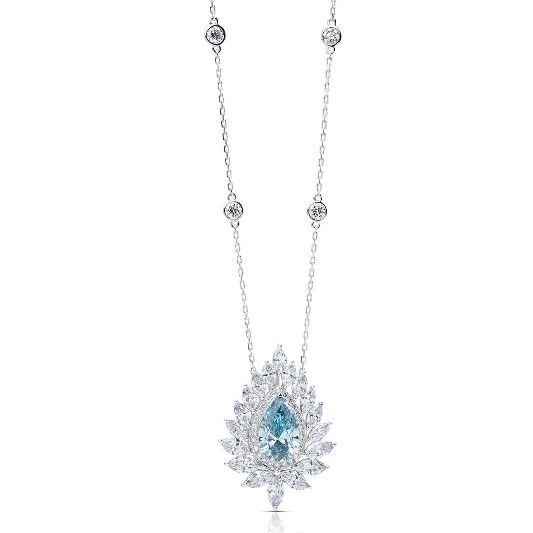 Special Lab Diamond Necklace Fancy Blue Pear Halo with Marquise