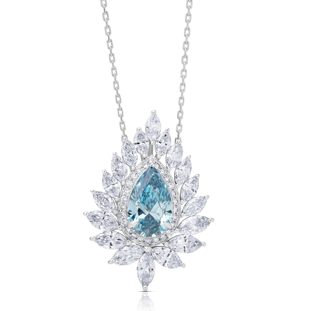 Special Lab Diamond Necklace Fancy Blue Pear Halo with Marquise