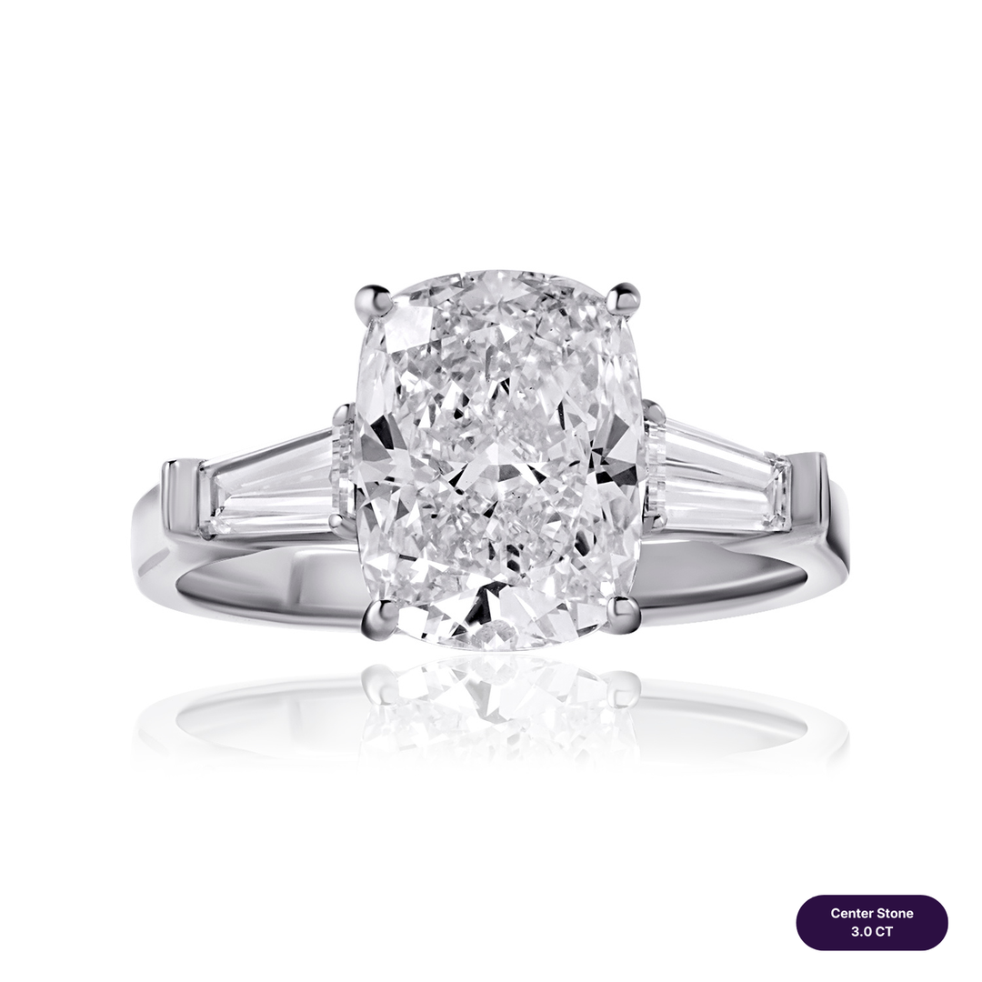 Three-Stones Lab Diamond Ring Cushion with Tapered
