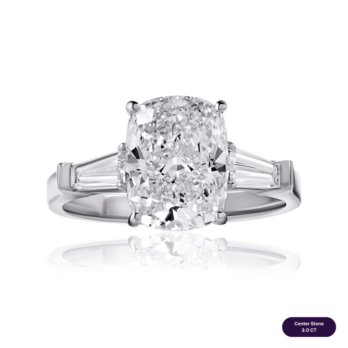 Three stones lab diamond ring cushion with tapered