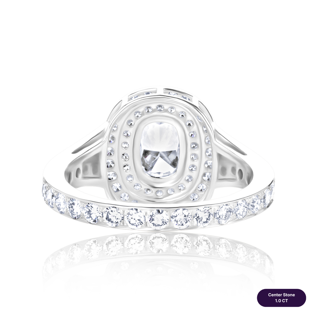 Double Halo Lab Diamond Ring Elongated Cushion with Pave