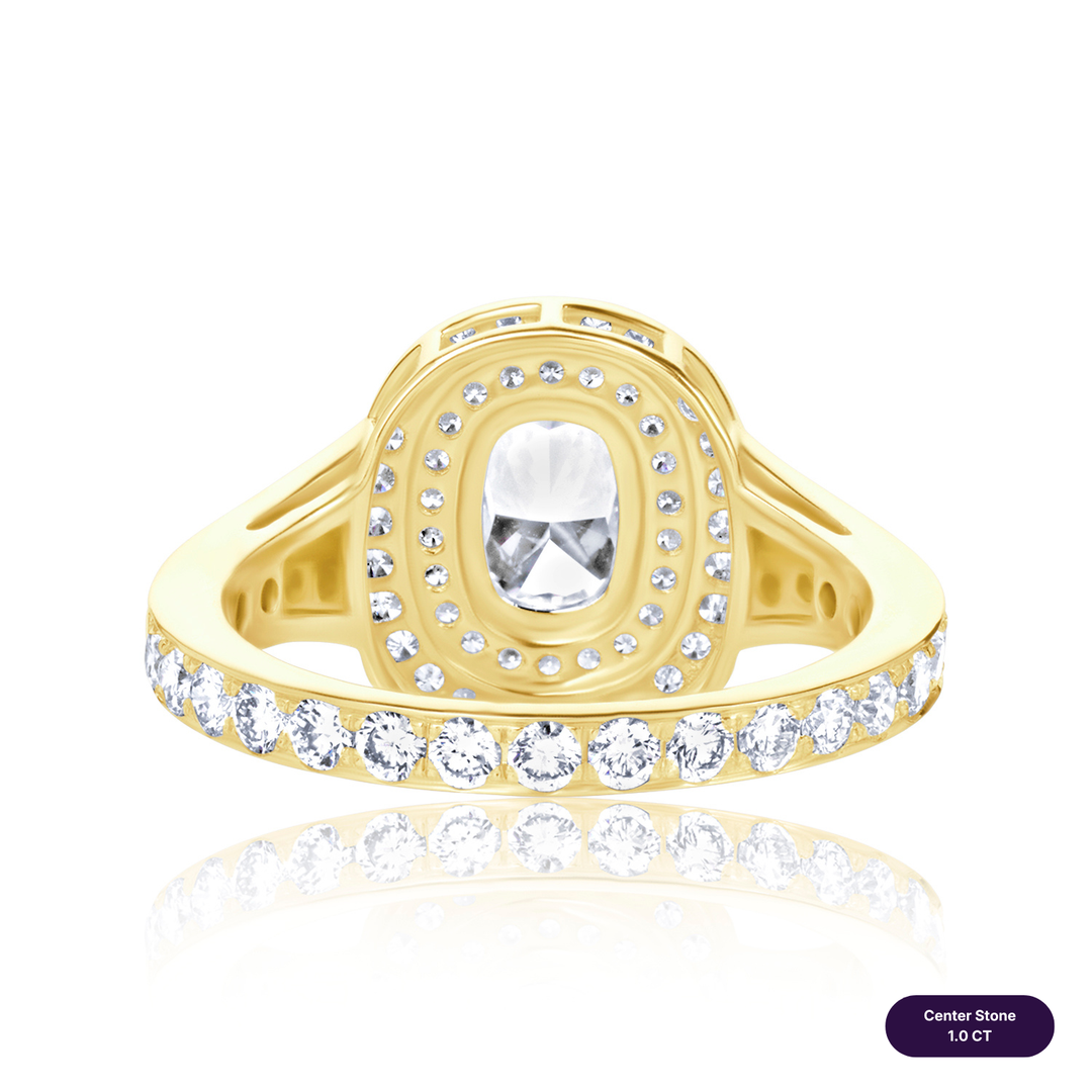 Double Halo Lab Diamond Ring Elongated Cushion with Pave