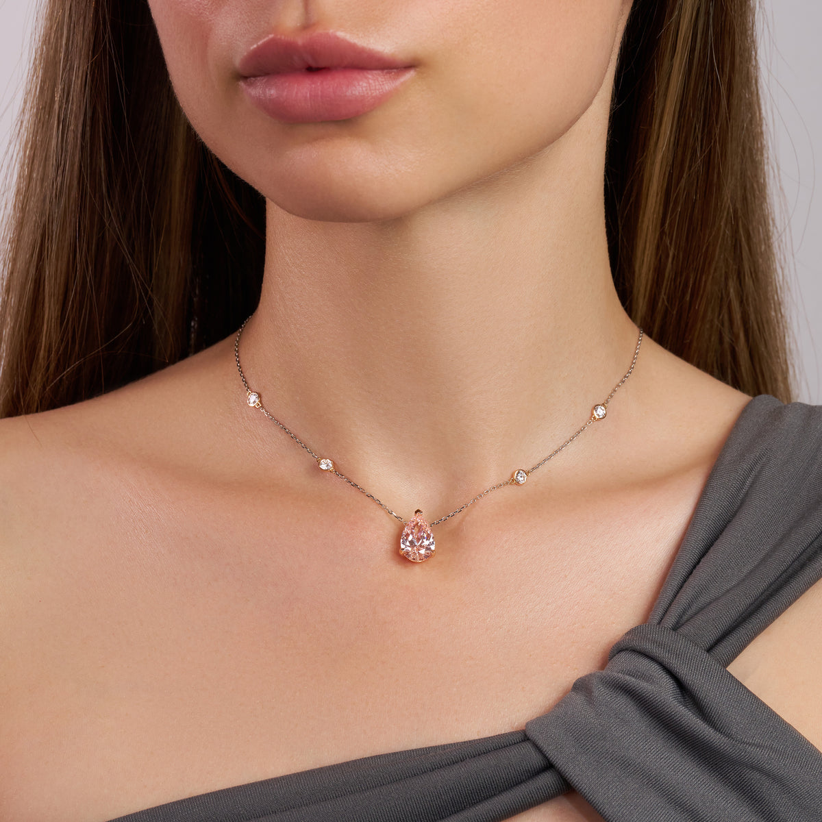 Solitaire lab diamond necklace fancy pear with round