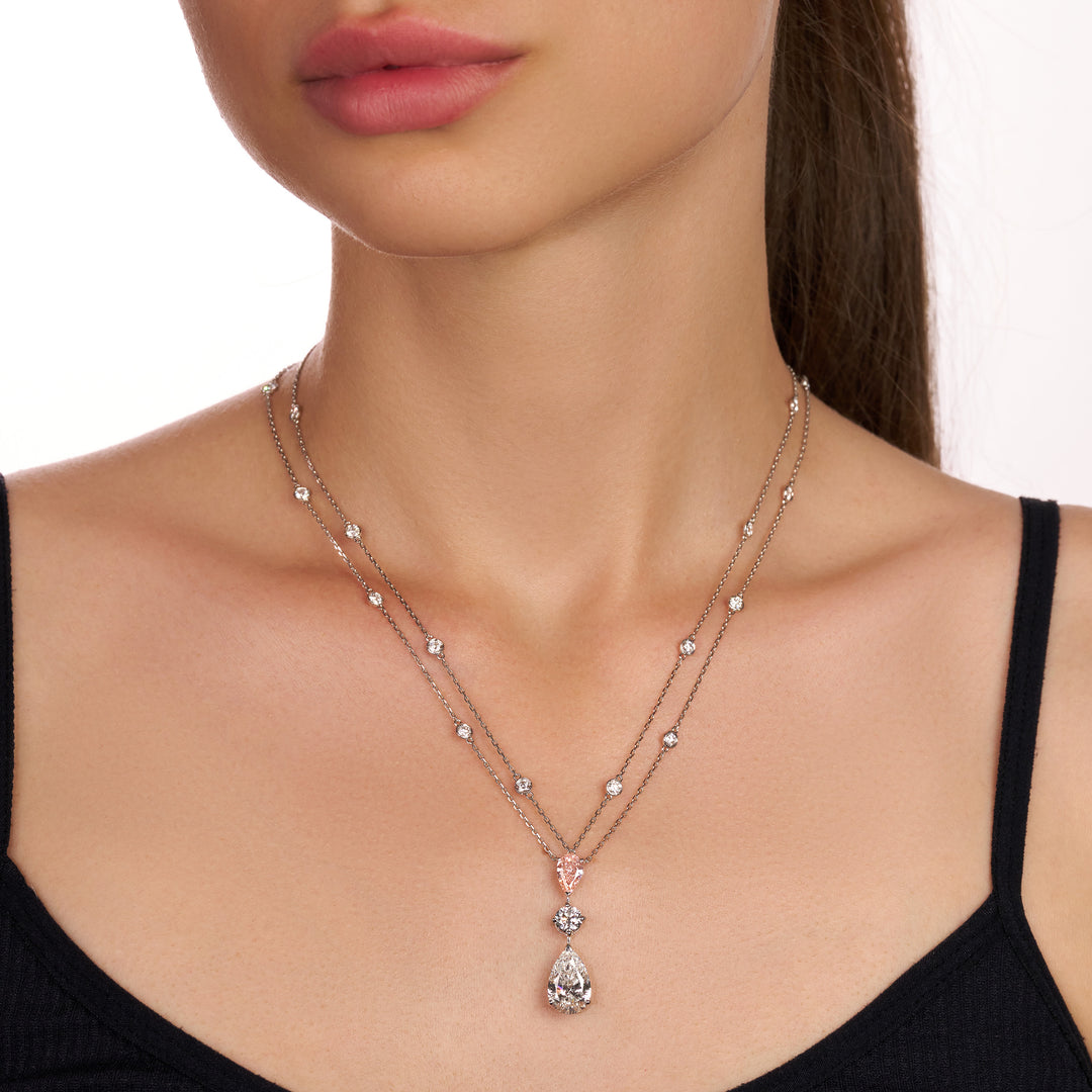 Triple-Stone Lab Diamond Necklace Pear & Fancy Pear with Round Double Chain