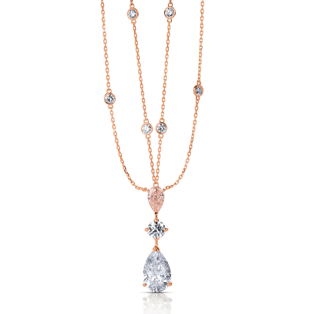 Triple-Stone Lab Diamond Necklace Pear & Fancy Pear with Round Double Chain