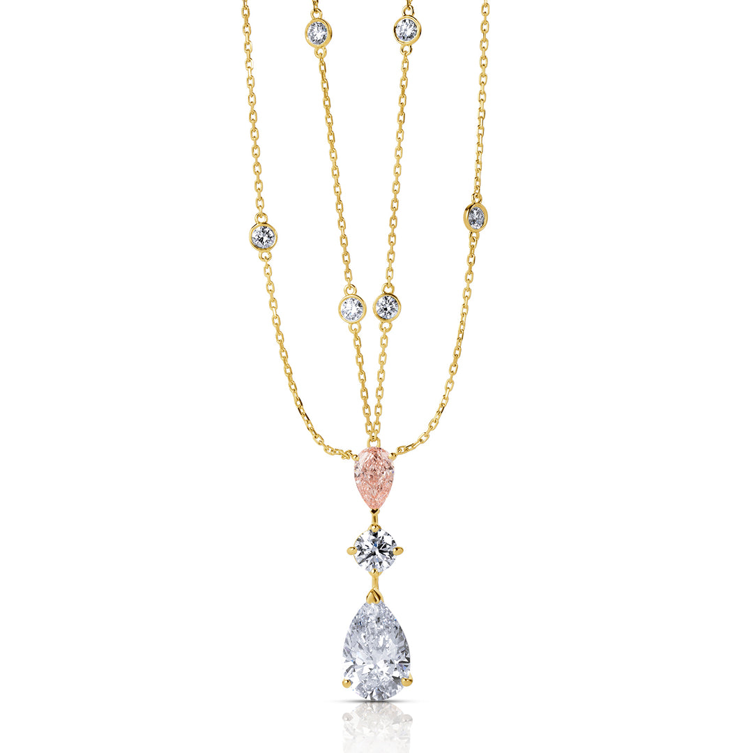 Triple-Stone Lab Diamond Necklace Pear & Fancy Pear with Round Double Chain