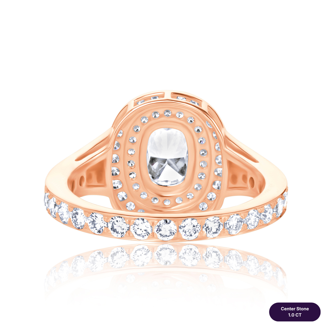 Double Halo Lab Diamond Ring Elongated Cushion with Pave