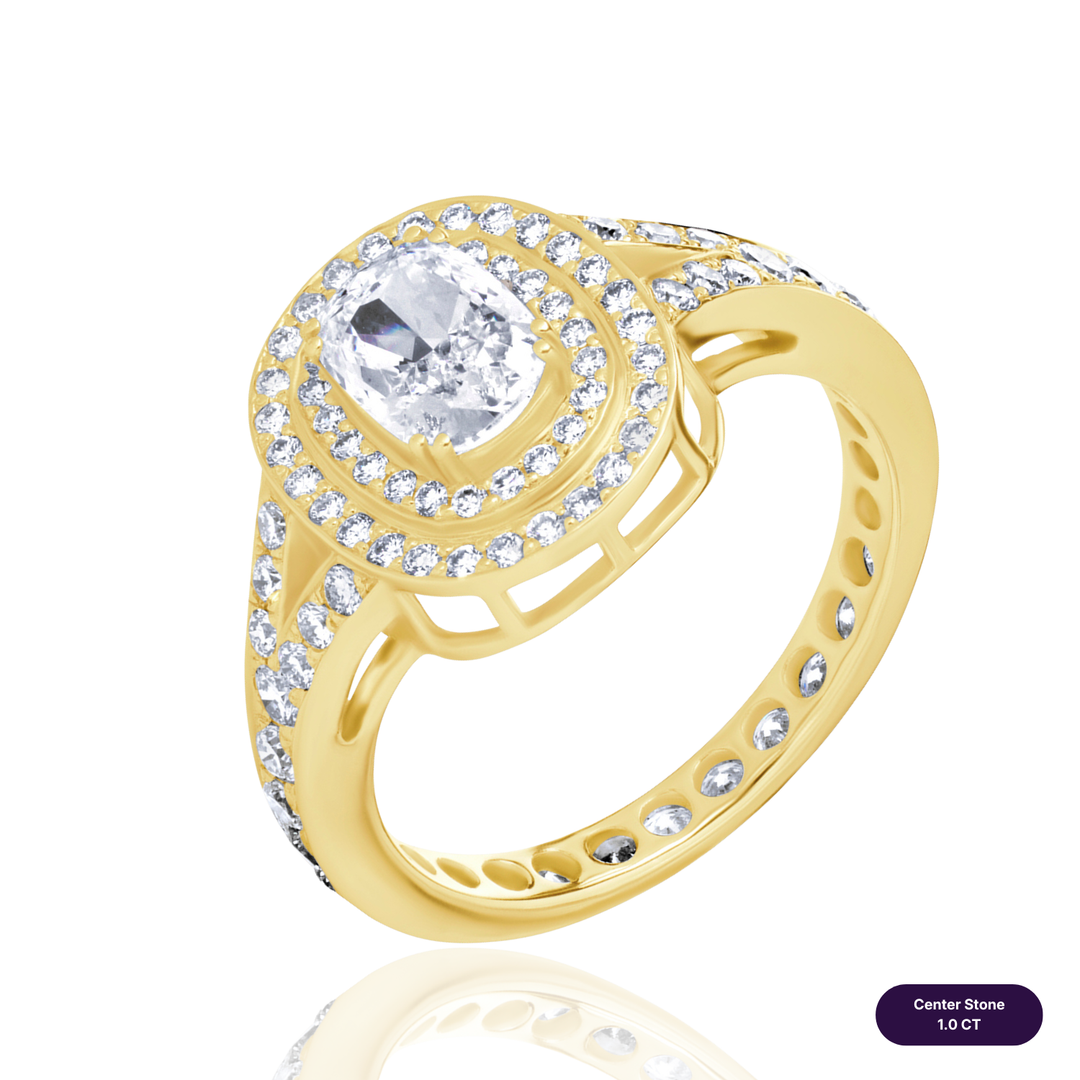 Double Halo Lab Diamond Ring Elongated Cushion with Pave