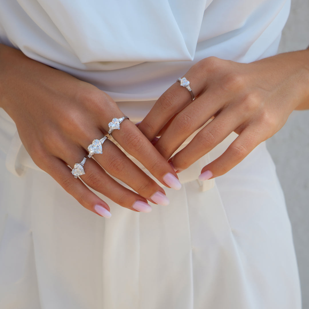 Three-Stones Lab Diamond Ring Heart with Tapered