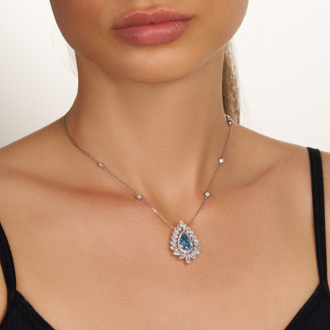 Special Lab Diamond Necklace Fancy Blue Pear Halo with Marquise