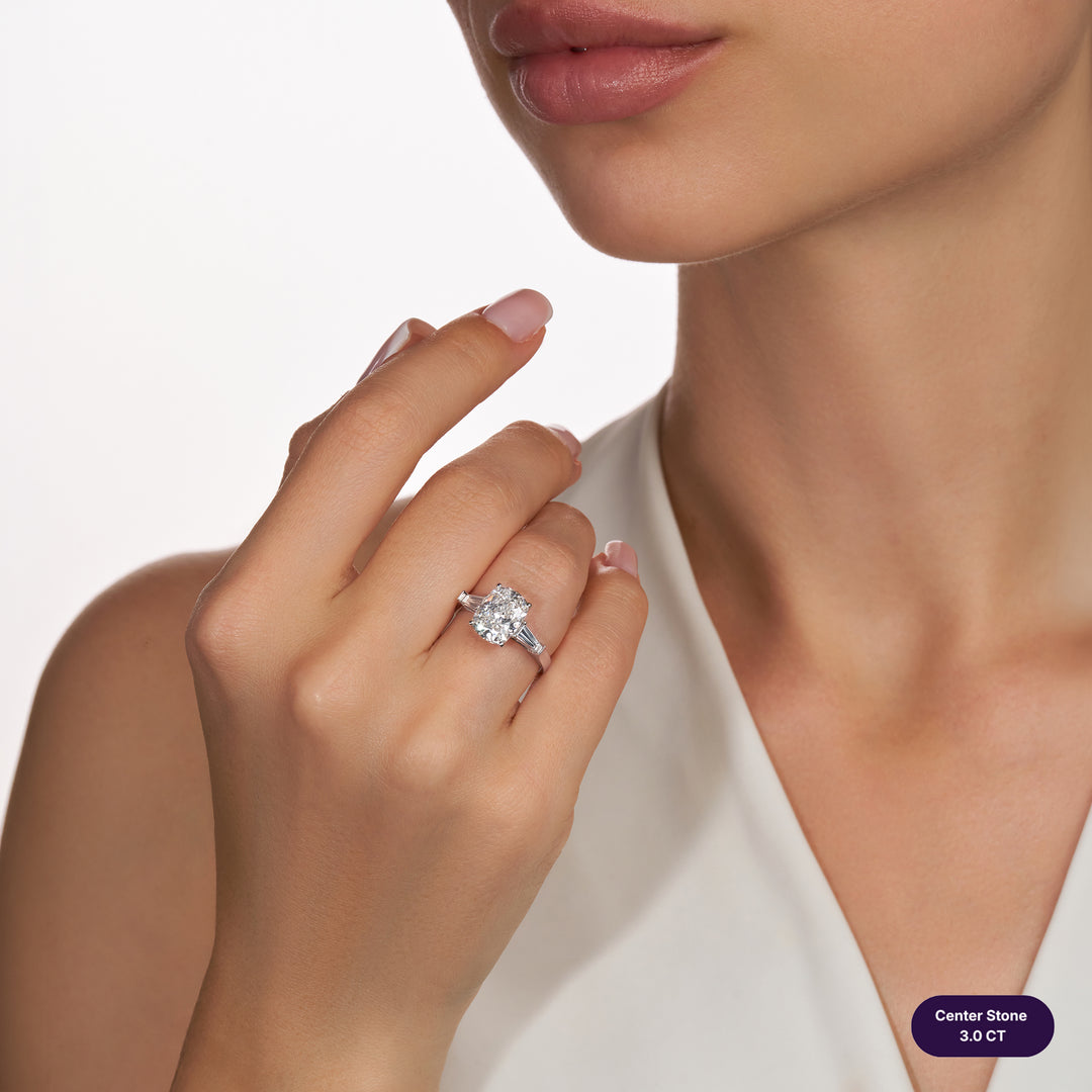 Three-Stones Lab Diamond Ring Cushion with Tapered